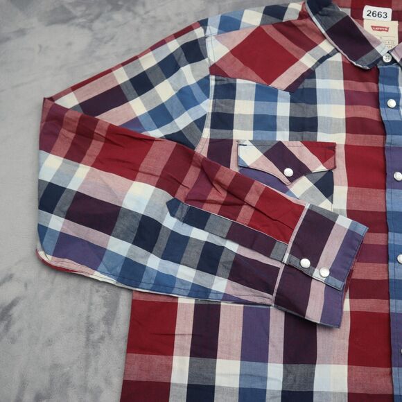 Levis Shirt Mens XL Extra Blue Red Plaid Pearl Snap Button Pockets Dress Work - Picture 9 of 16